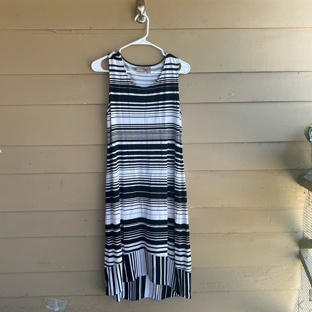 Chicos Sleeveless Maxi Dress Black White Stripes Stretch Womens SZ Medium